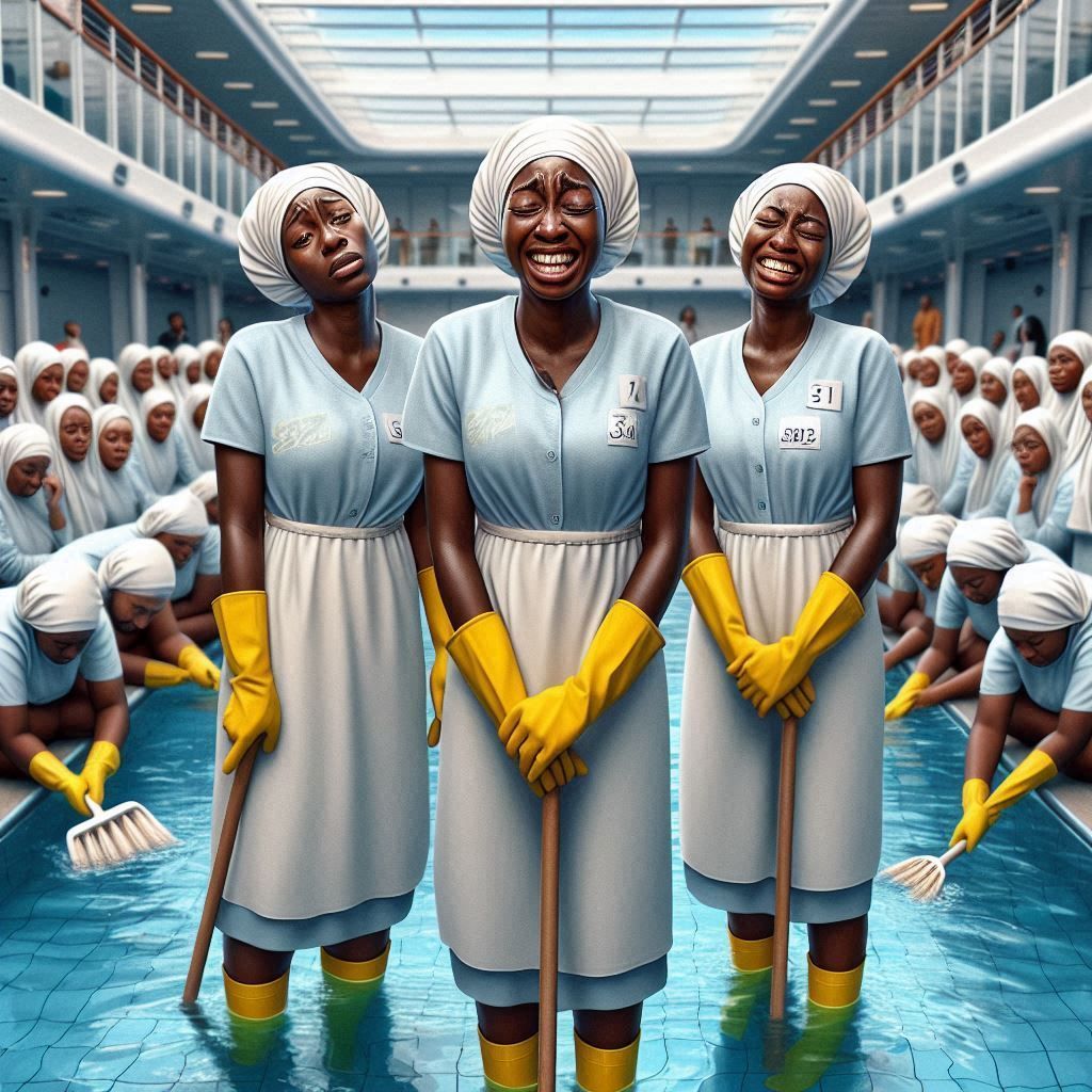 Three tired 25 year old nigerian women with forced joyful facial expressions, standing inside of an empty swimmingpool o...