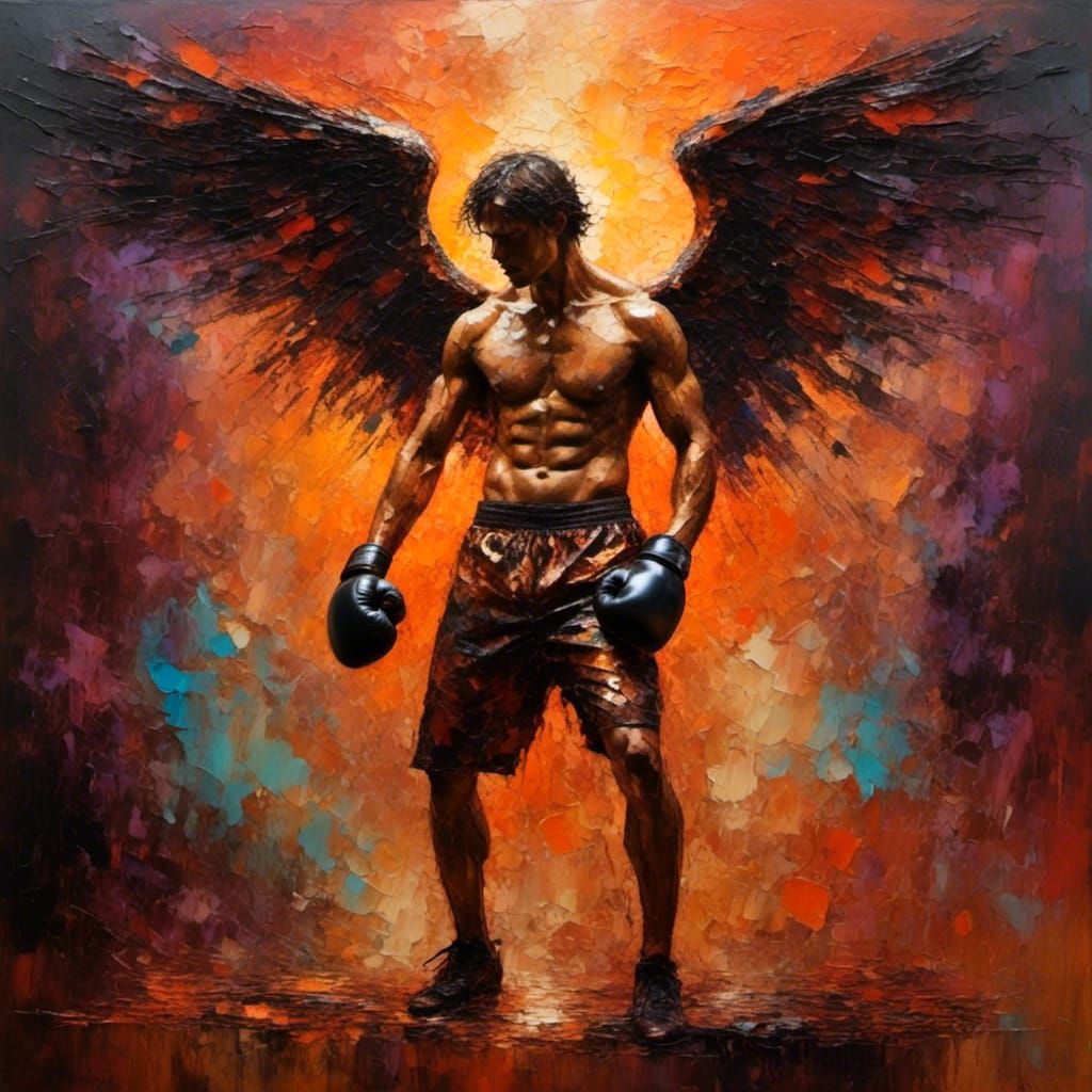  <lora:Filigree Oils:1.0> young man angel boxing in gym rich vibrant sunset colour