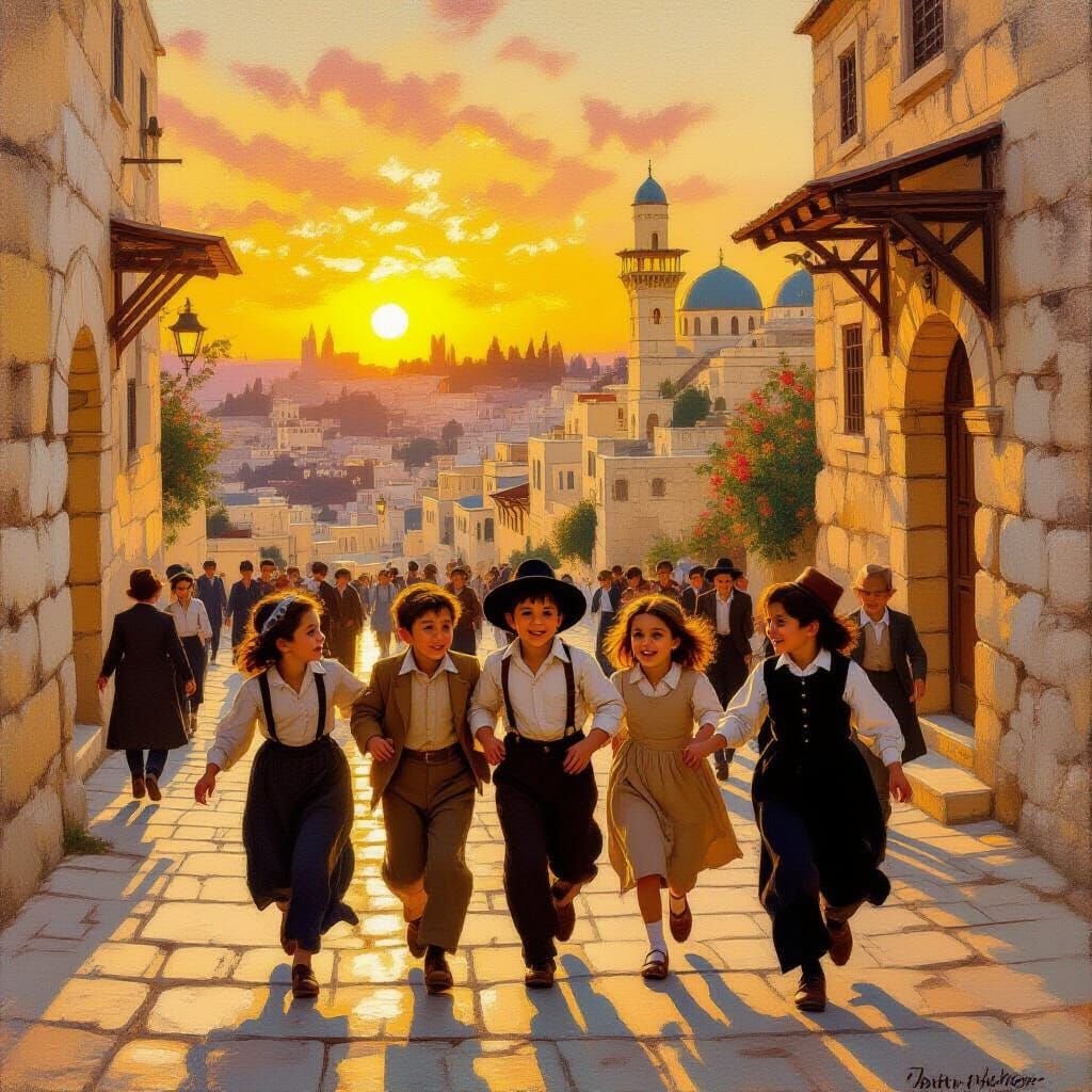 Joyful Jewish Children Play in Jerusalem Streets