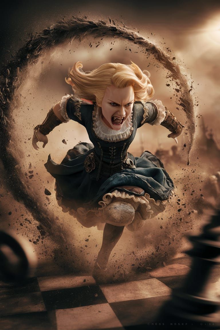 Chess piece knight has an angry look on her face. Blonde hai...