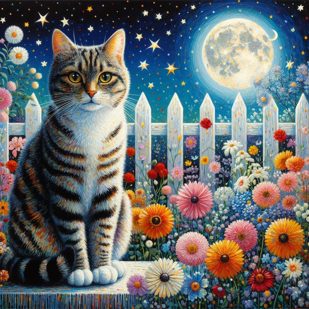 <lora:Midnight Garden:1.0> <lora:Collage:1.0> Naive art painting of a tabby cat under full moonlight, folk art, colorful flowers, roses, dai...