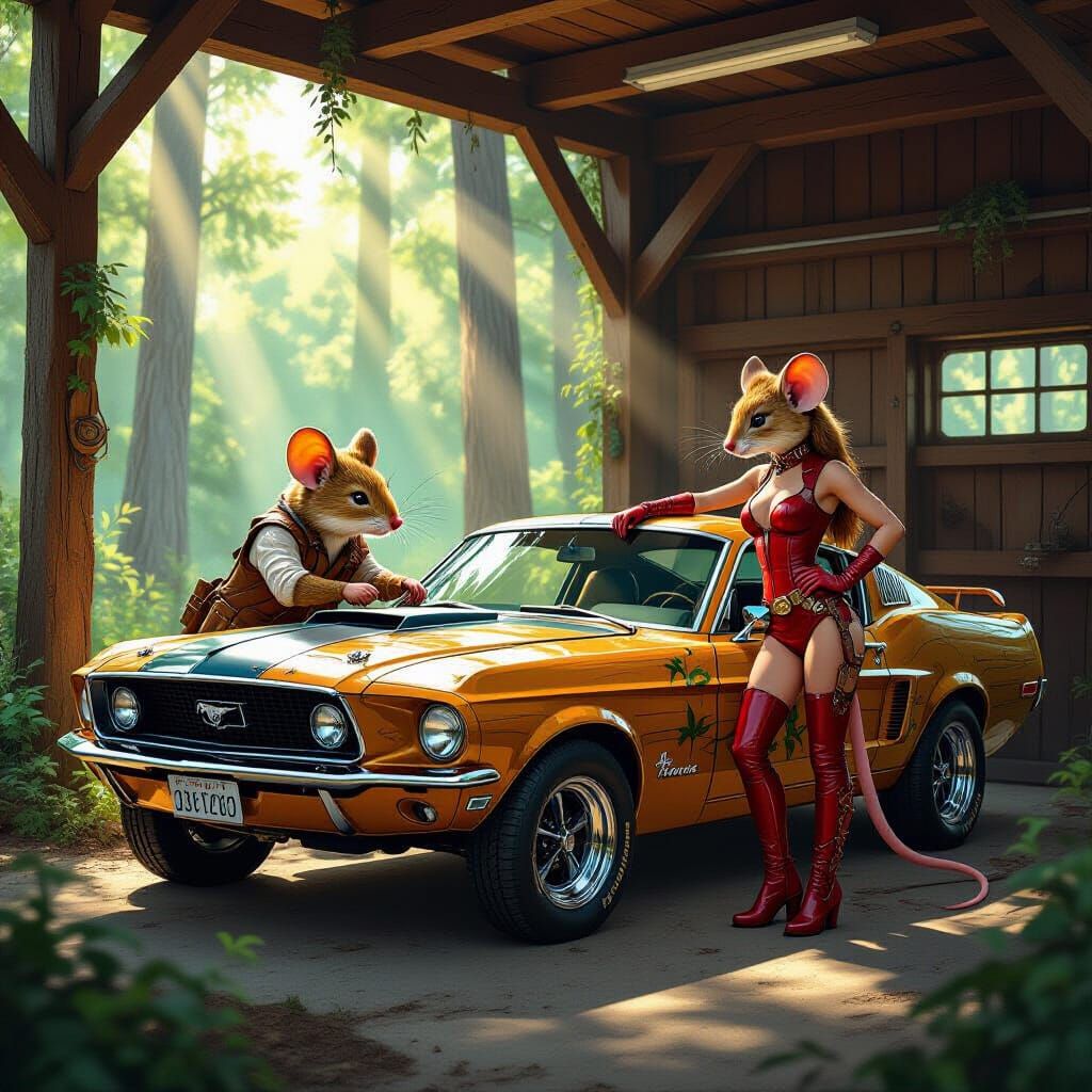 Ultra-realistic digital painting. In a small forest garage surrounded by tall trees and sunlight filtering through the leaves, Finn — an ant...