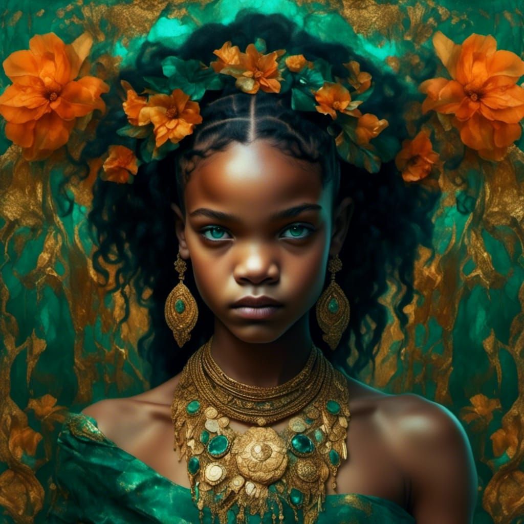 Young <lora:African motives:1.0> Rihanna with black hair with blue highlights, mixed-race skin, emerald-green eyes, full lips, gentle gaze,...
