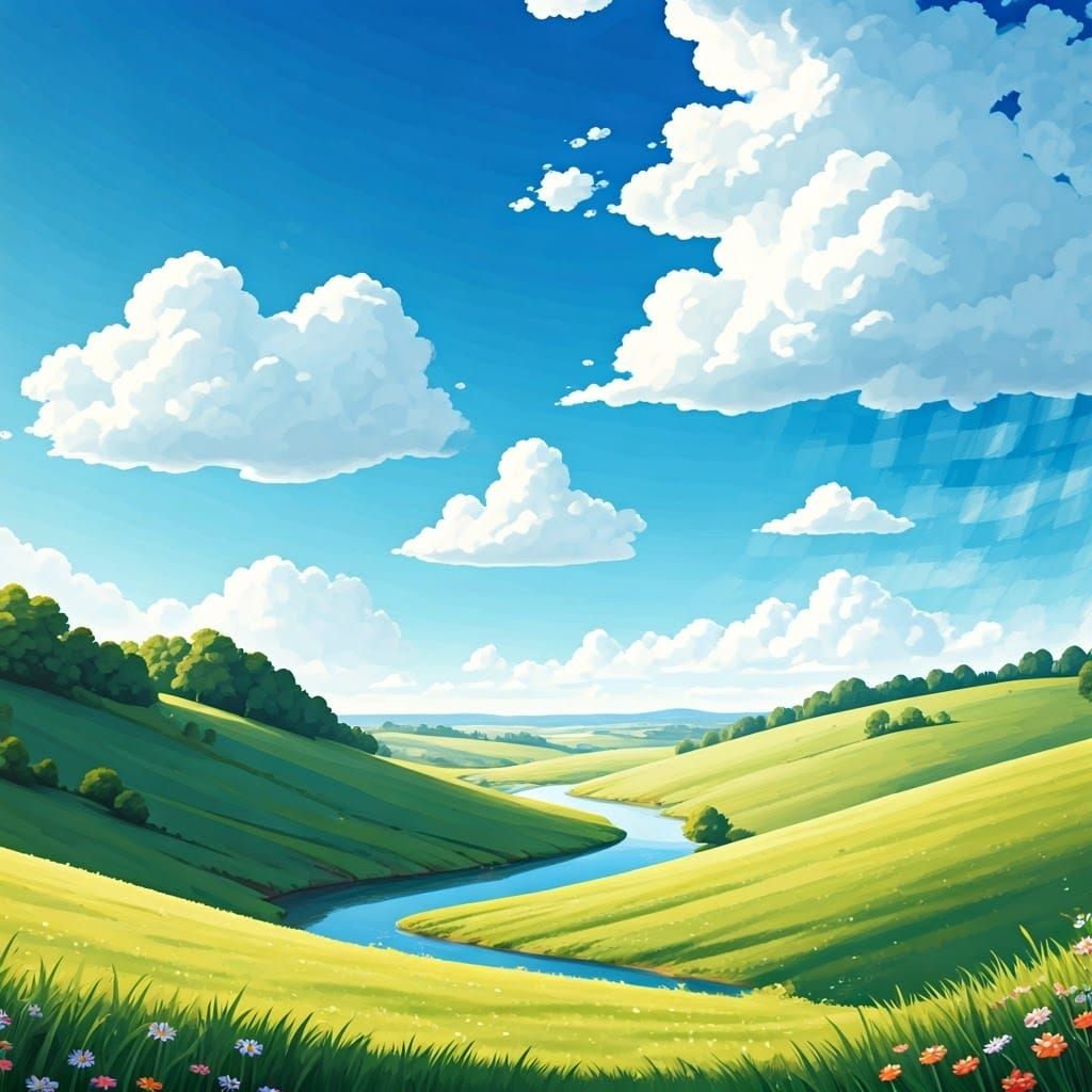 Serene Countryside Landscape in Whimsical Watercolor Style