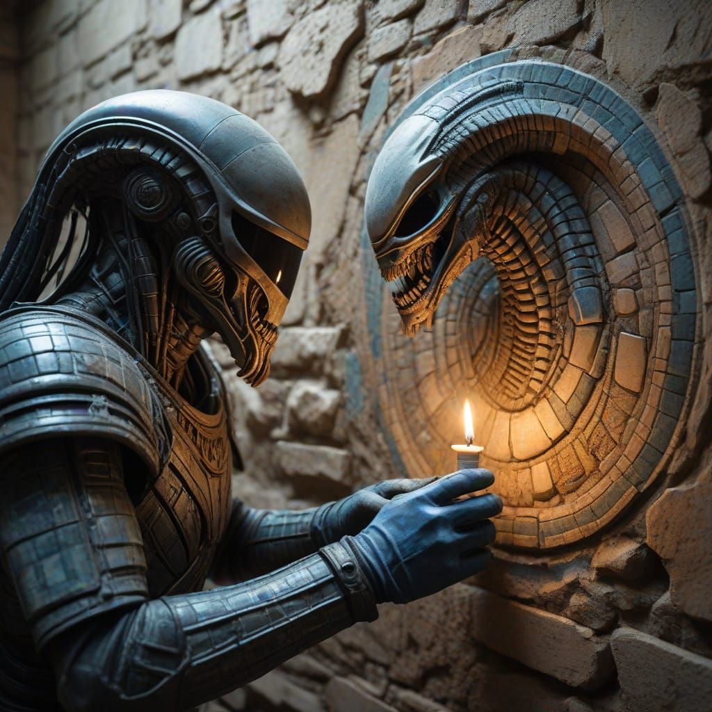 ​A hyperdetailed, evocative scene set deep inside a forgotten, dusty ancient tomb. A focused light candle illuminates an...