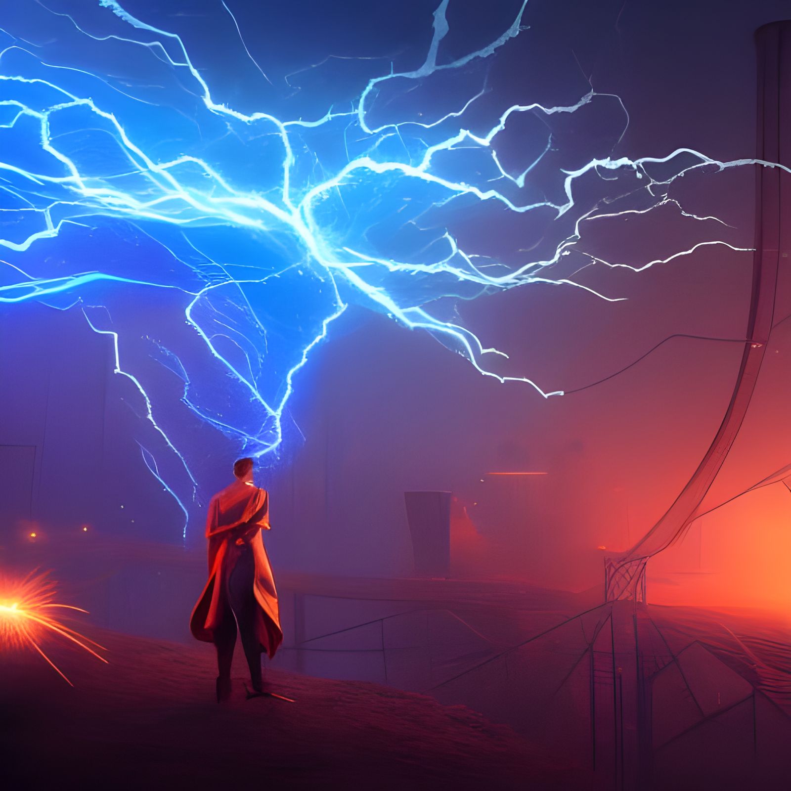 tesla coil, blue lightning, sparks, night, audience,