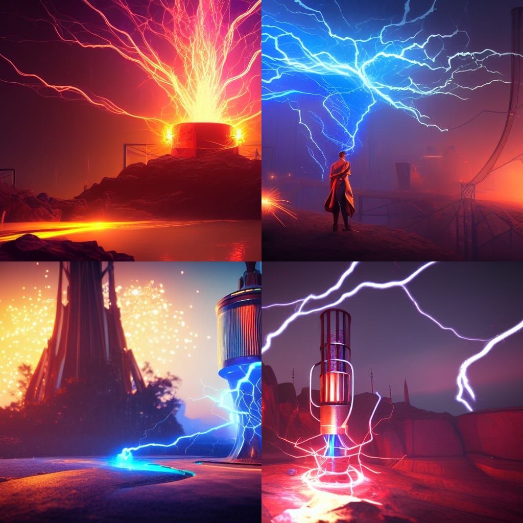 tesla coil, blue lightning, sparks, night, audience,