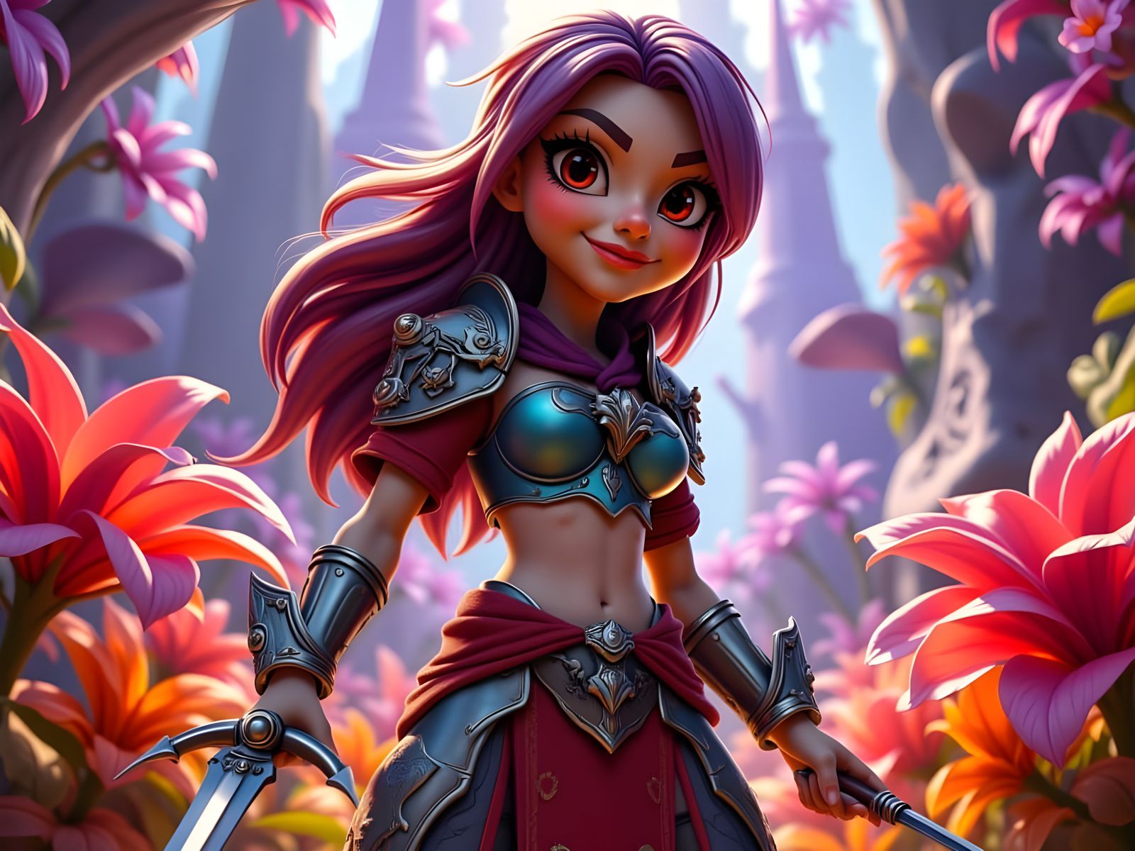 CGI animated cartoon character in the style of Pixar. A Female warrior princess in armor, wielding sword, in a mystical realm, inspired by t...