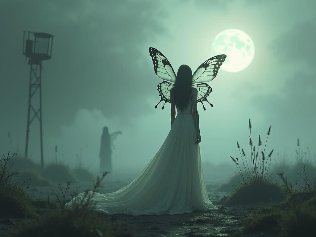 Ethereal Woman with Butterfly Wings in Eerie Landscape