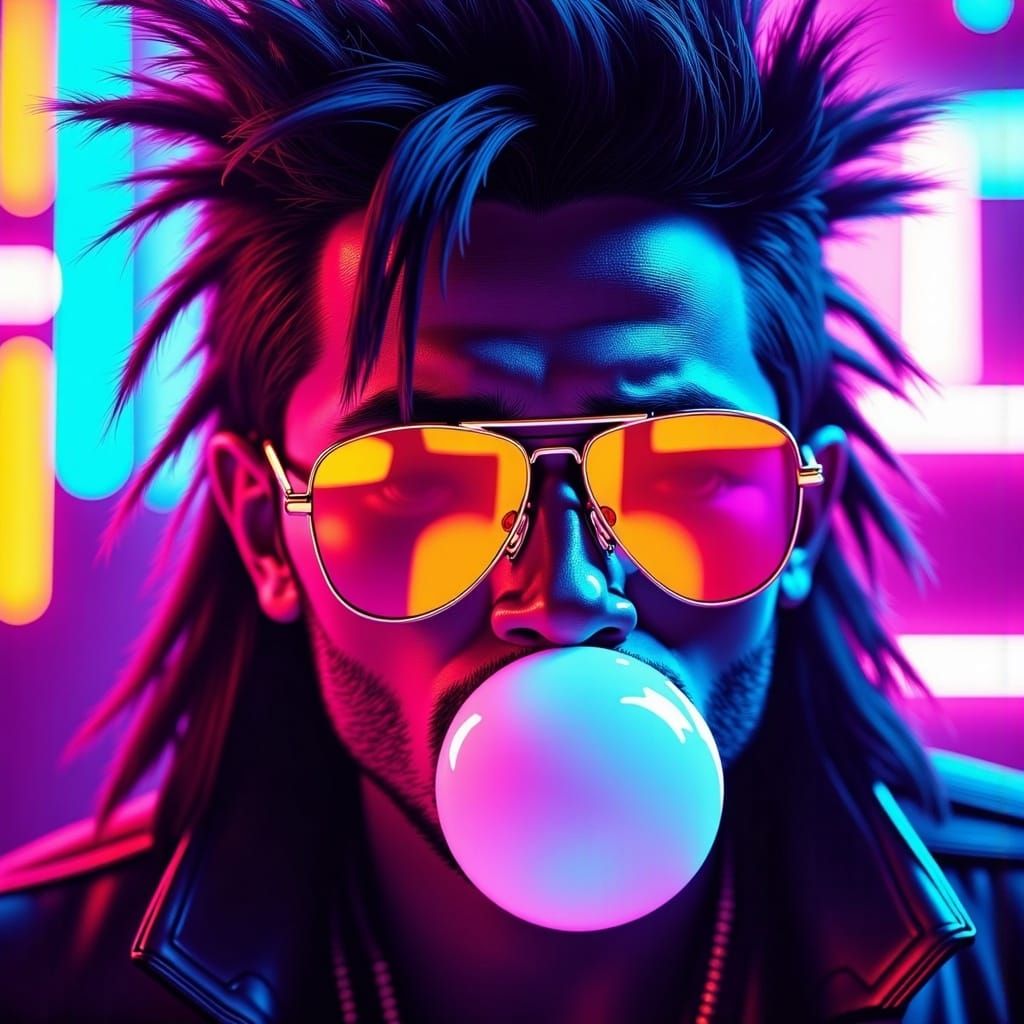<lora:SynthwaveFluxV1:1.0> A close-up of a person with a wild, teased mullet and eyeliner, blowing a bubblegum bubble as neon signs reflect...