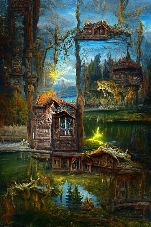 Luminous lake with deer hunters wooden cabin architecture by...