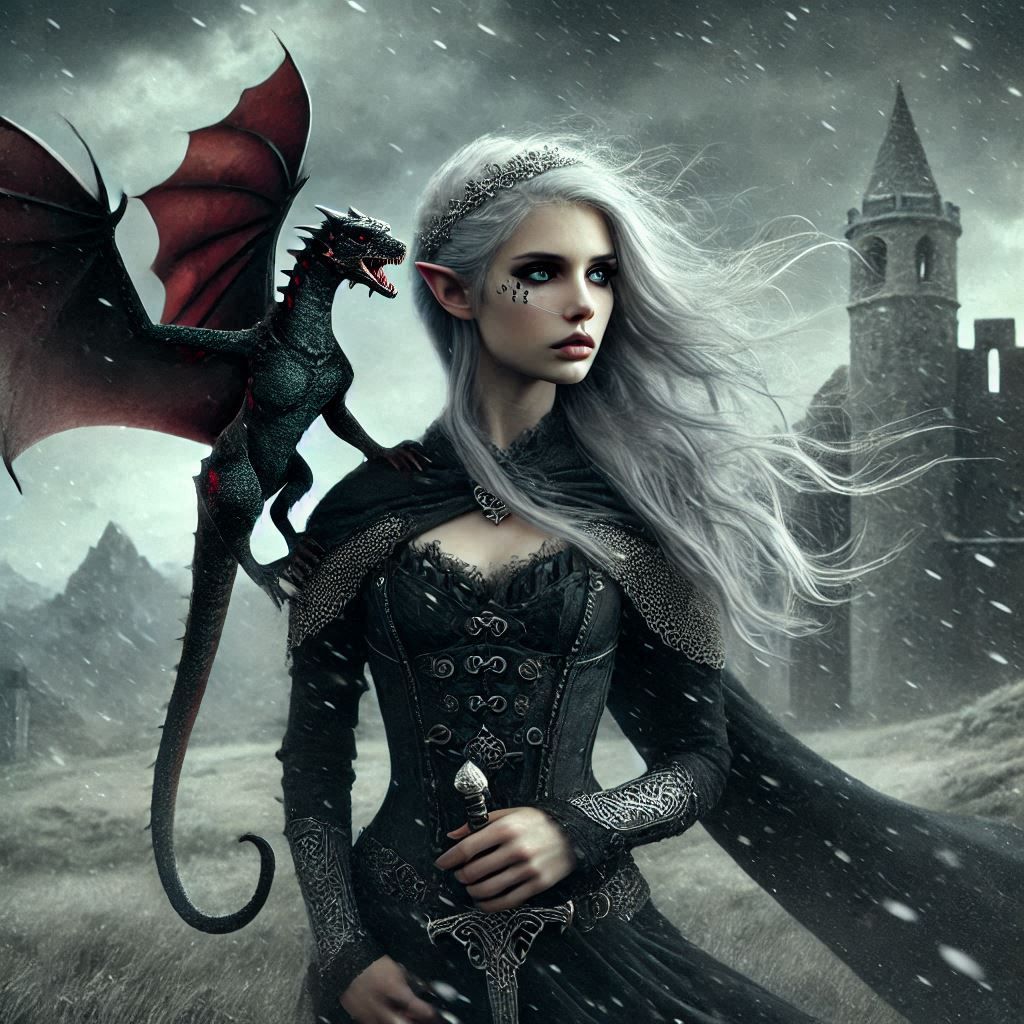 A goth elf with her little dragon