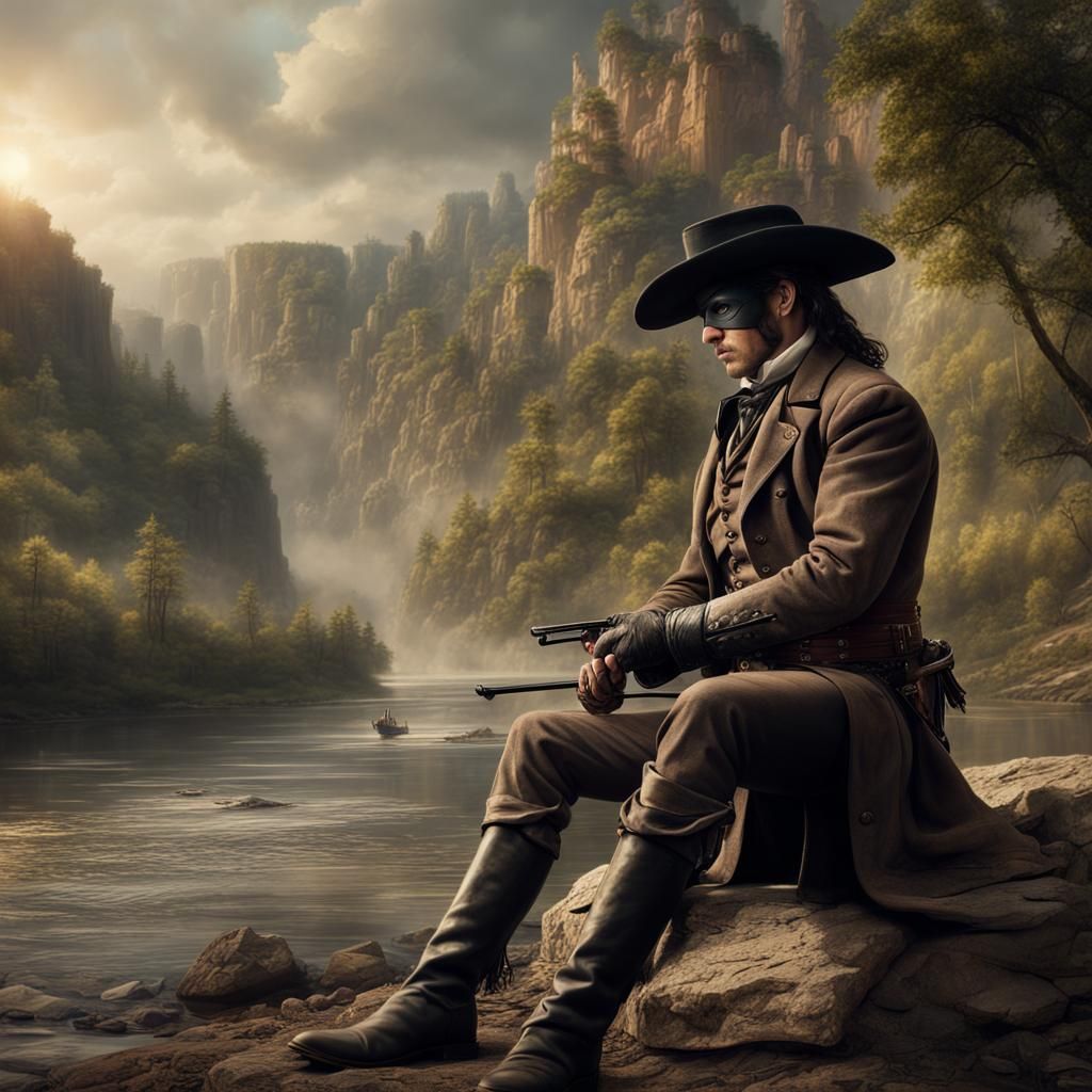 1860 Lone Ranger taking a rest by river - epic