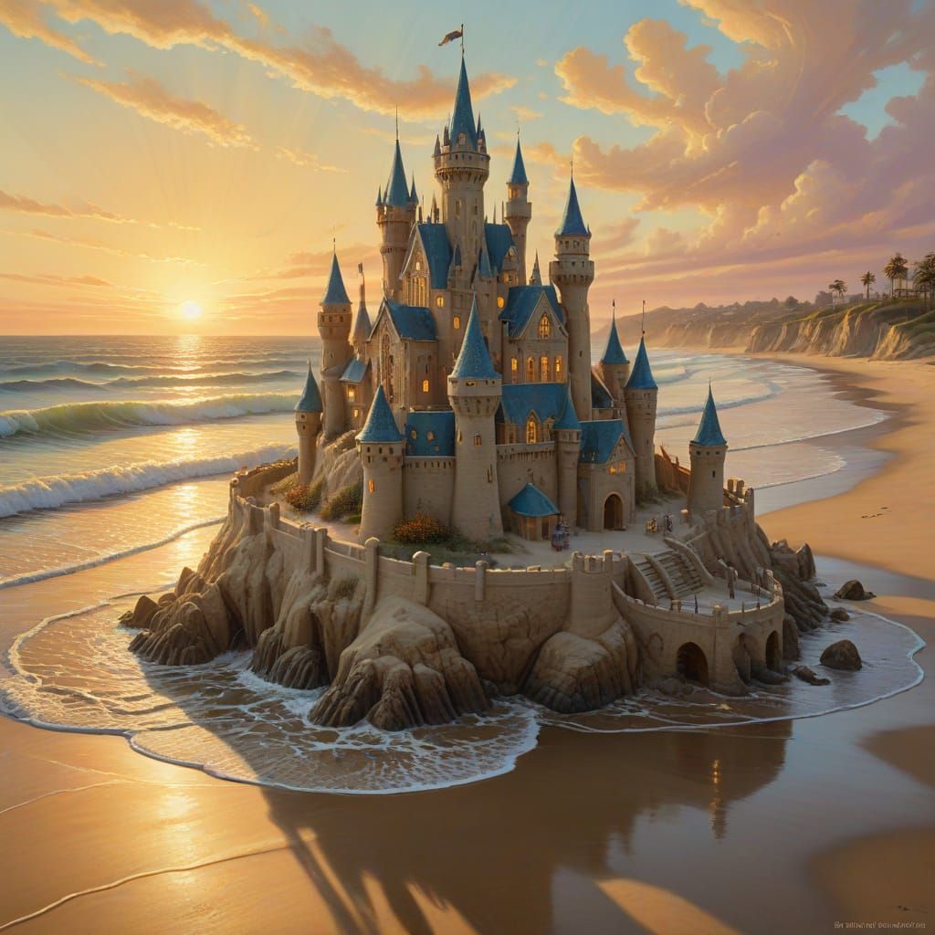 elaborate sandcastle built on a beach  by @Spring Tide