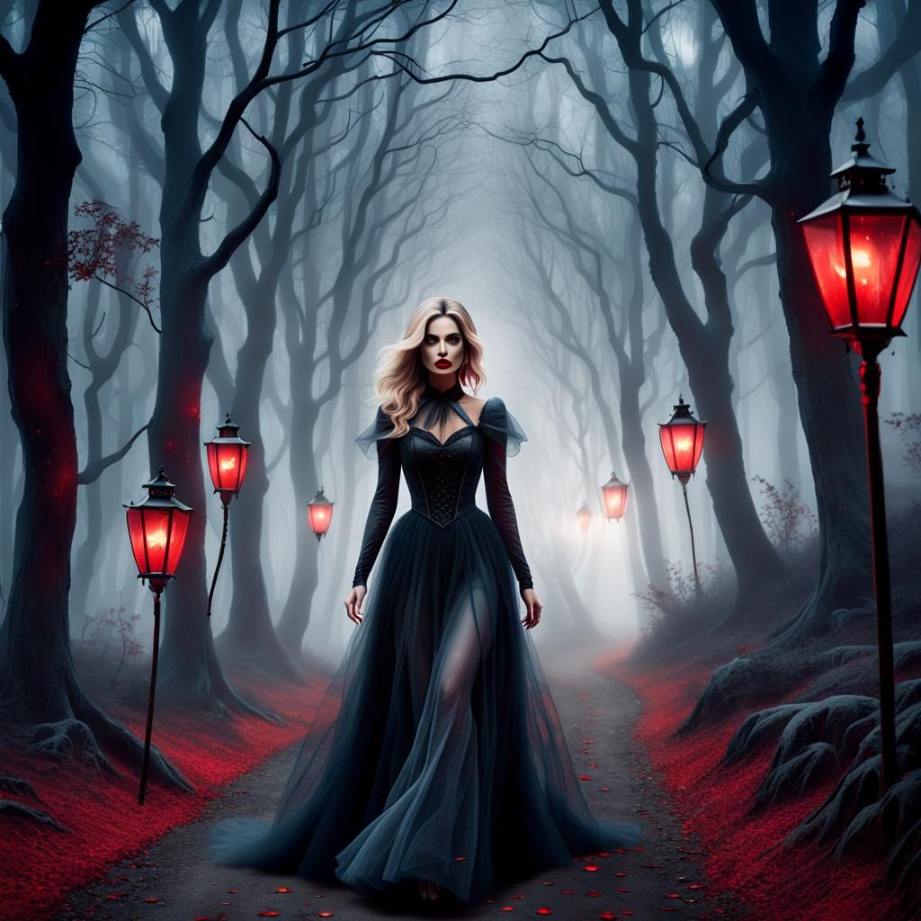 Beautiful blonde, ghostly girl, walking facing towards camer...