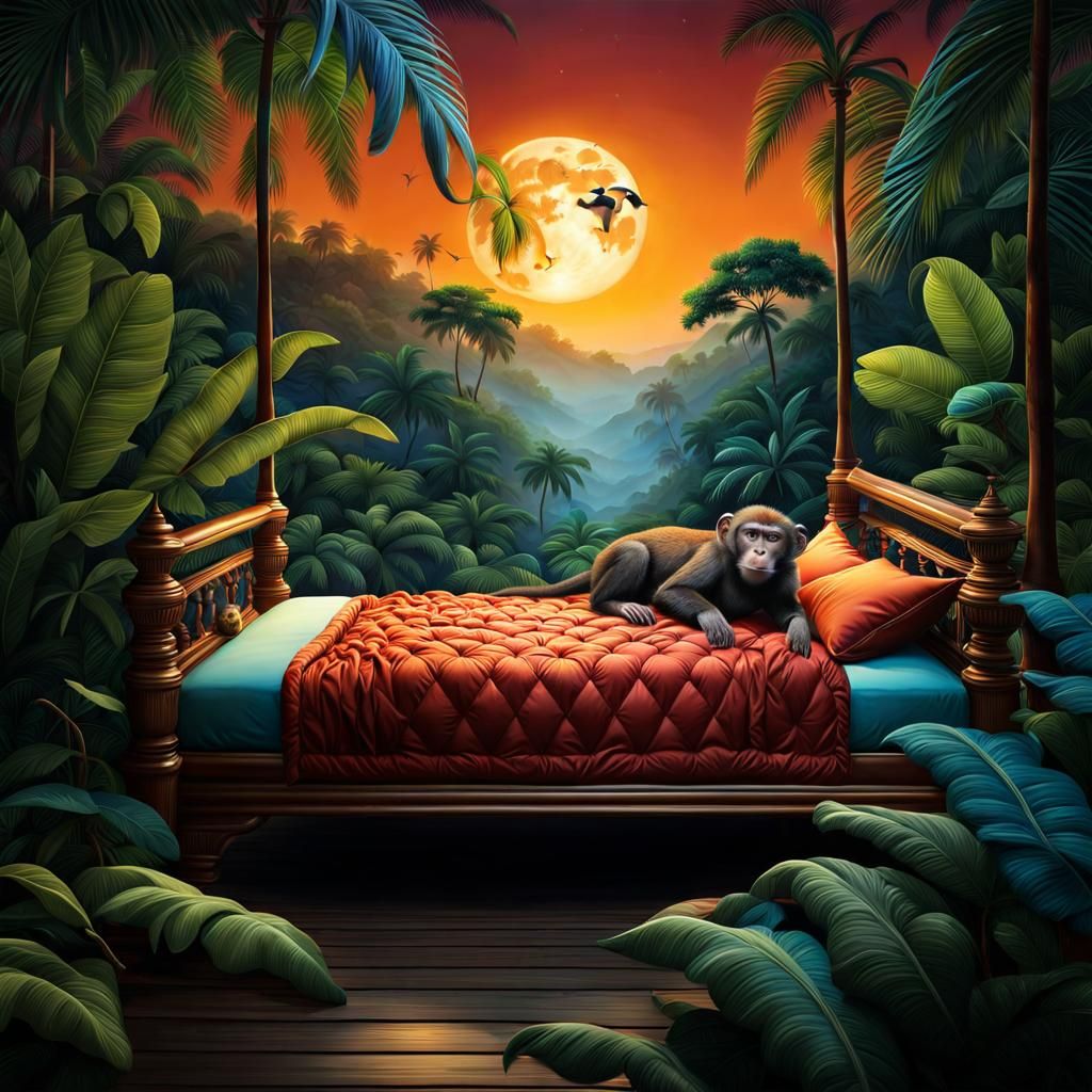"A monkey sleeping  in a luxury bed, in the Jungle, at the m...