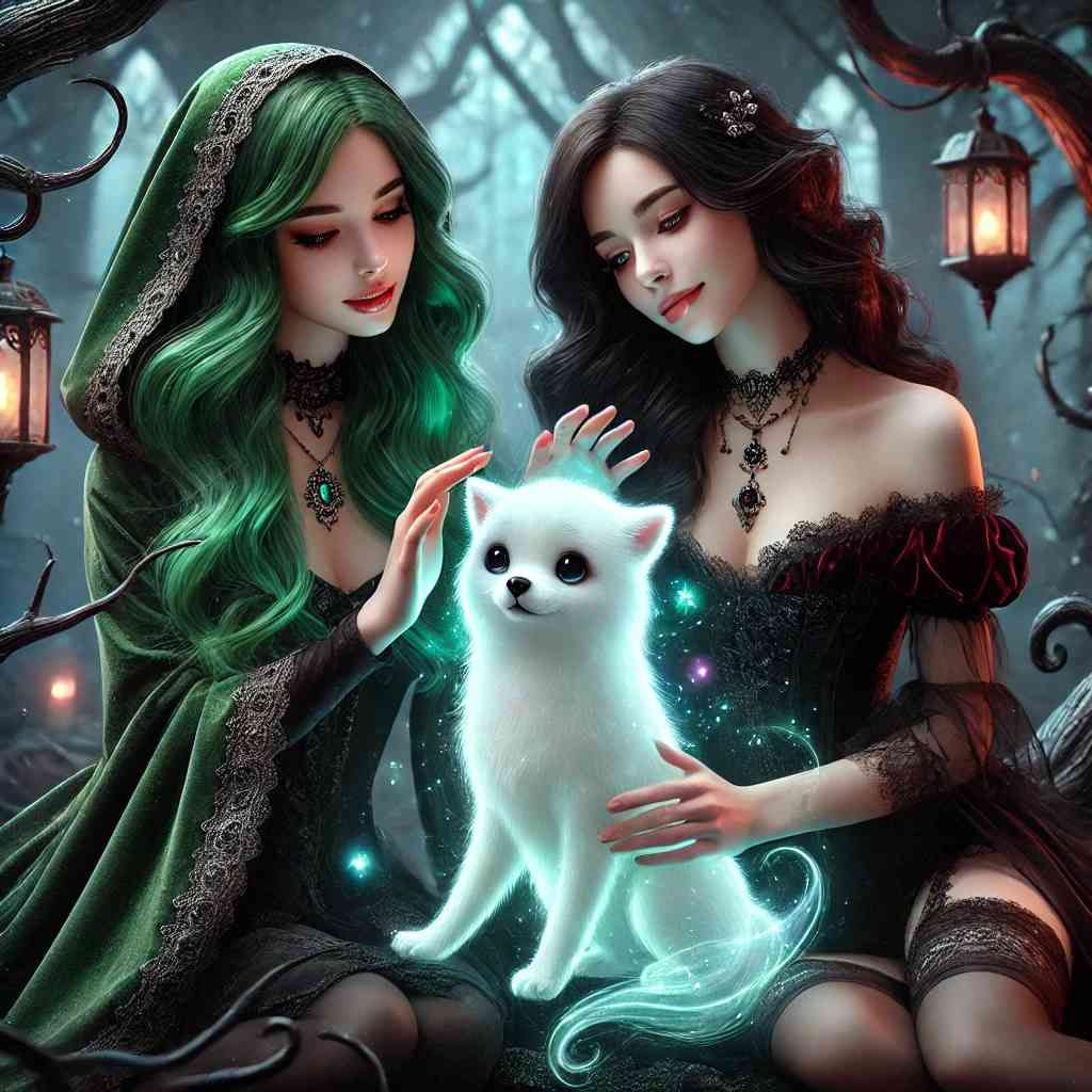 Witch and wife petting a ghost doggy