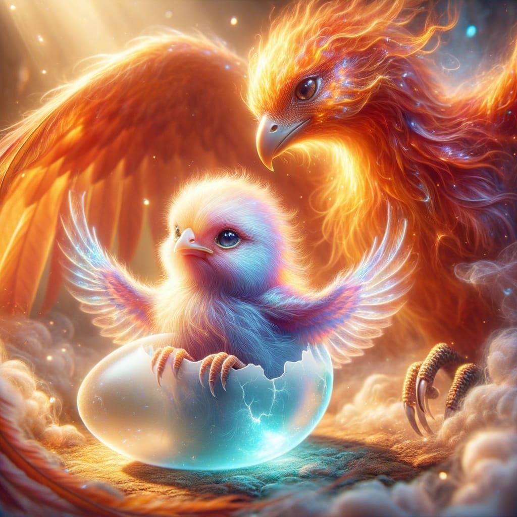 Create a hyper-realistic image of a baby phoenix emerging from a translucent clear egg, surrounded by ...  by @Alex