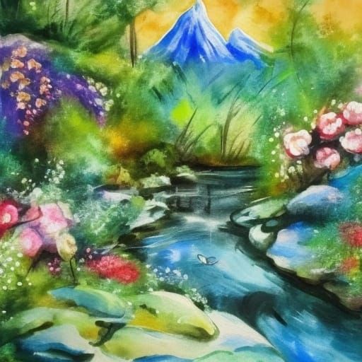 Secret flower garden with a mountain stream watching the fis...