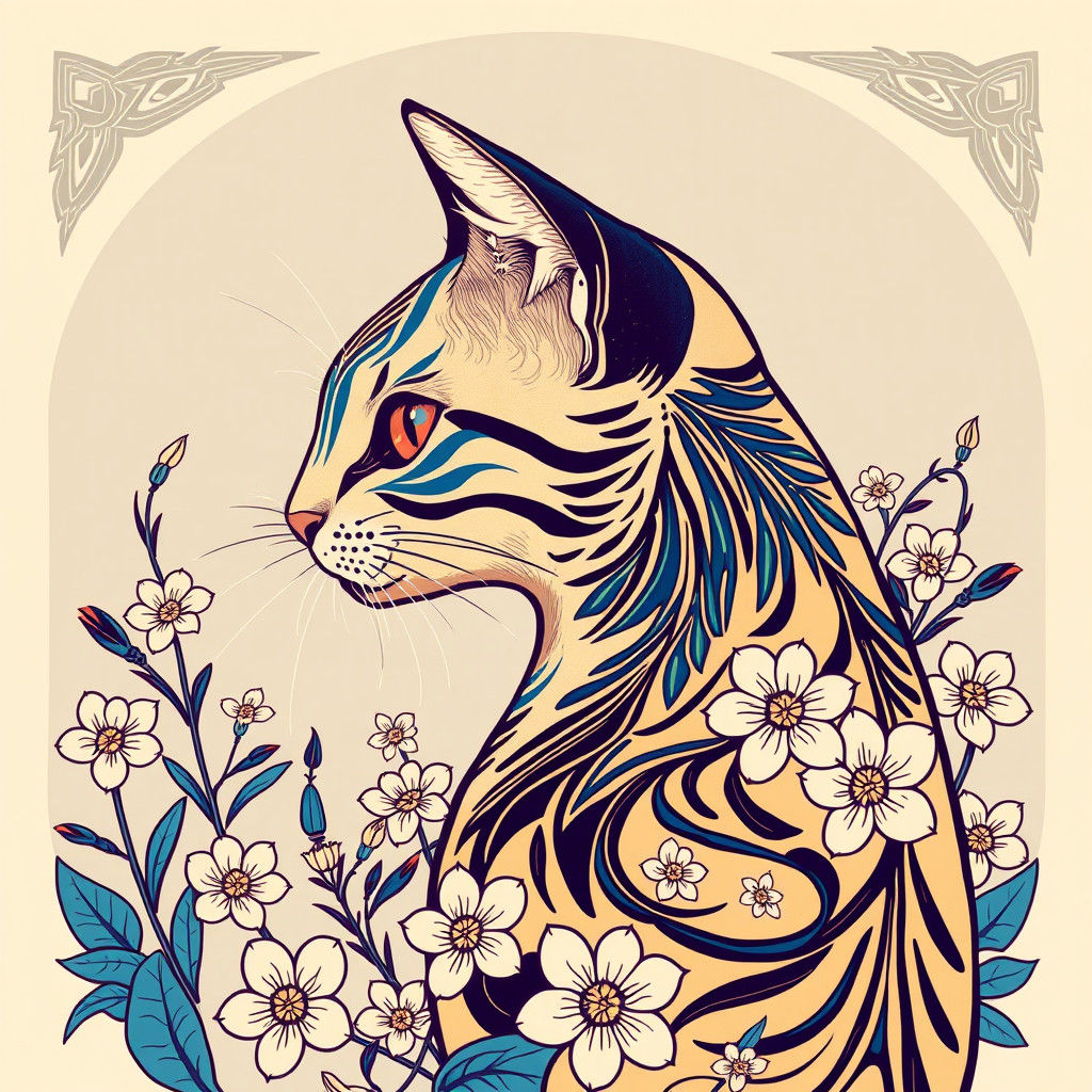 Regal Cat with Tribal Markings and Flowers