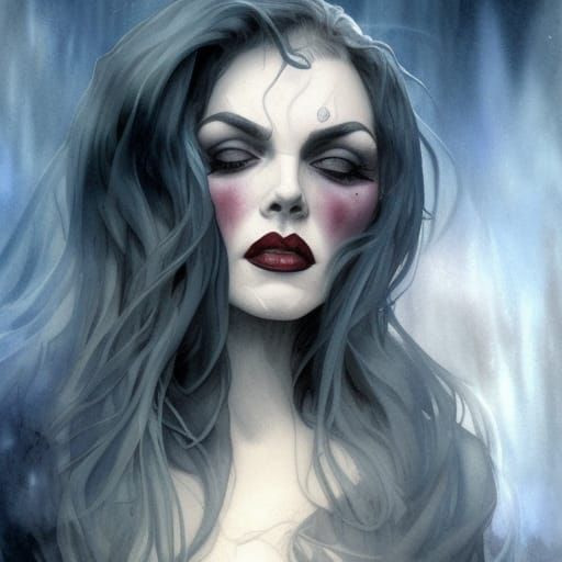 Vampira in a graveyard in watercolor art. Blues and gray ton...