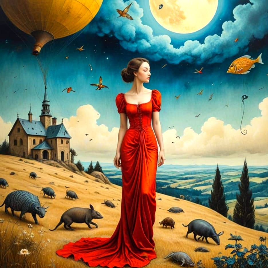 Surreal Medieval Lady Plays with Whimsical Creatures in Vibr...