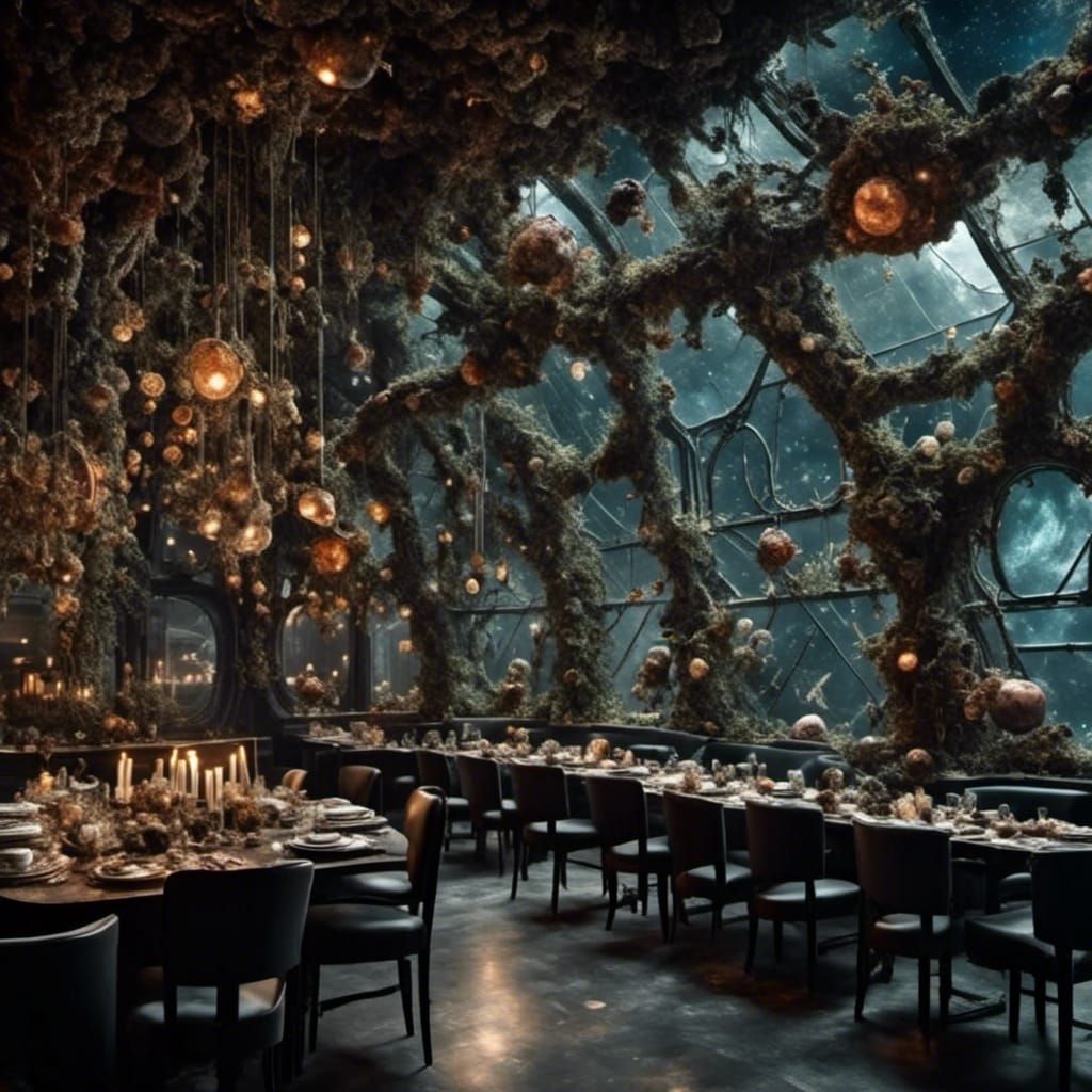<lora:Dark fantasy realism:1.0> The restaurant at the End of the Universe is ethereal, detailed seedy futurism