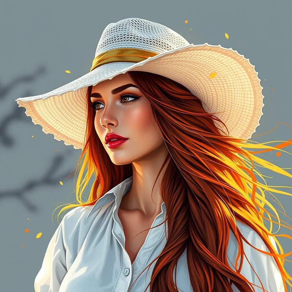  A beautiful Norse woman with long flowing auburn hair, wearing a beautiful white sun hat with a golden stripe, and a beautiful white blouse...