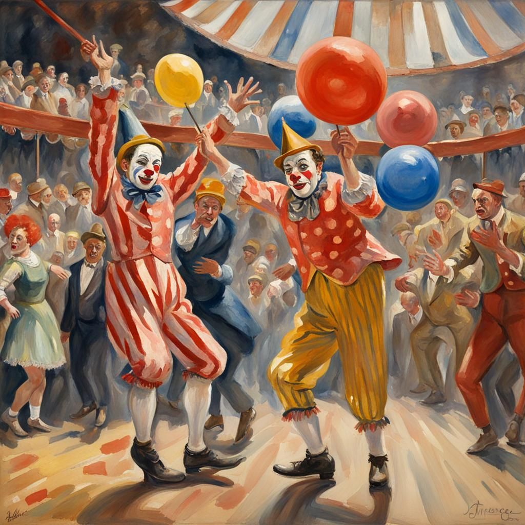 Style Of Dame Laura Knight, Clowns And Acrobats In A Circus - Ai 