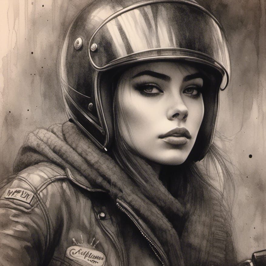 Beautiful Woman on Motorbike in Charcoal and Silver