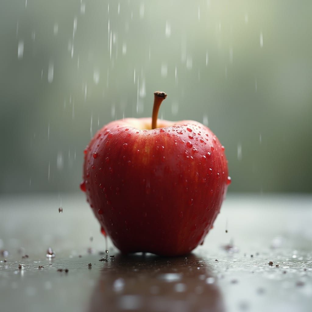 Raindrops Falling on a Ripe Red Apple in Impressionist Style