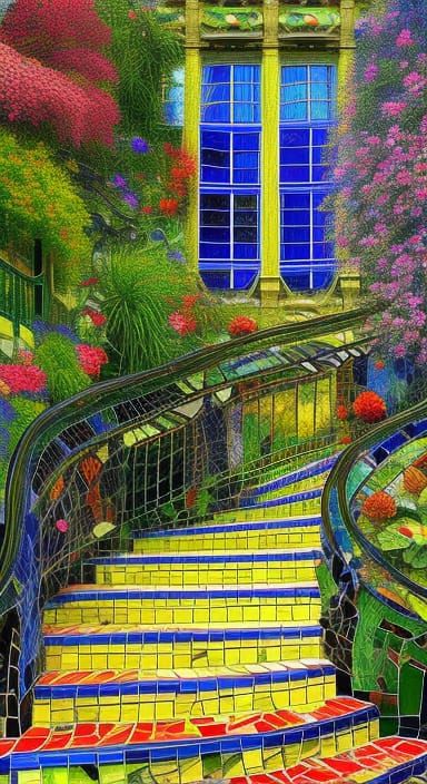 staircase leads to Spring garden in full bloom :: intricate ...