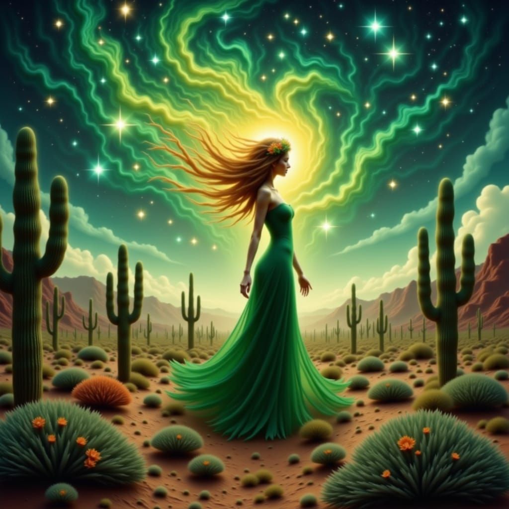 Spiritual flower woman in cosmic luminous green desert lands of mental dream state <lora:Fiona Fantasy:1.0>