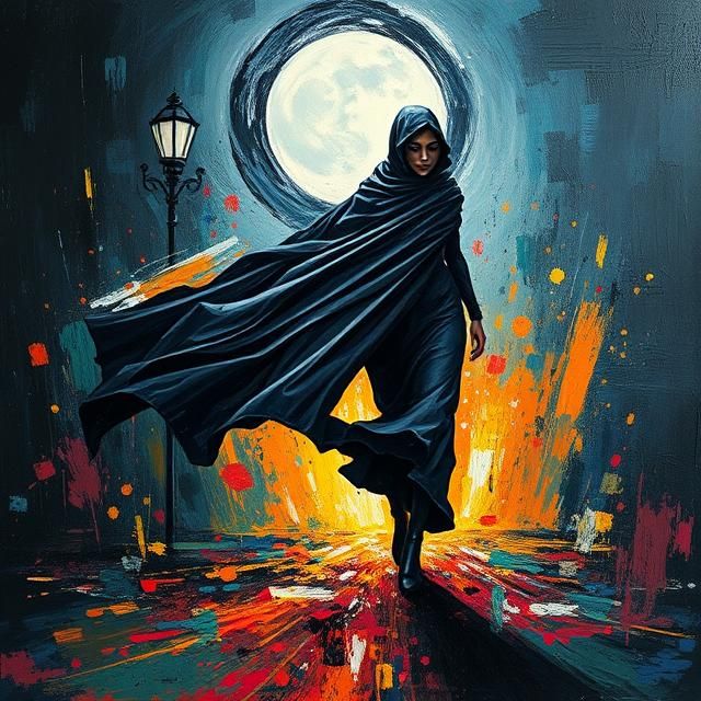 A powerful woman cloaked in flowing black fabric, walking th...