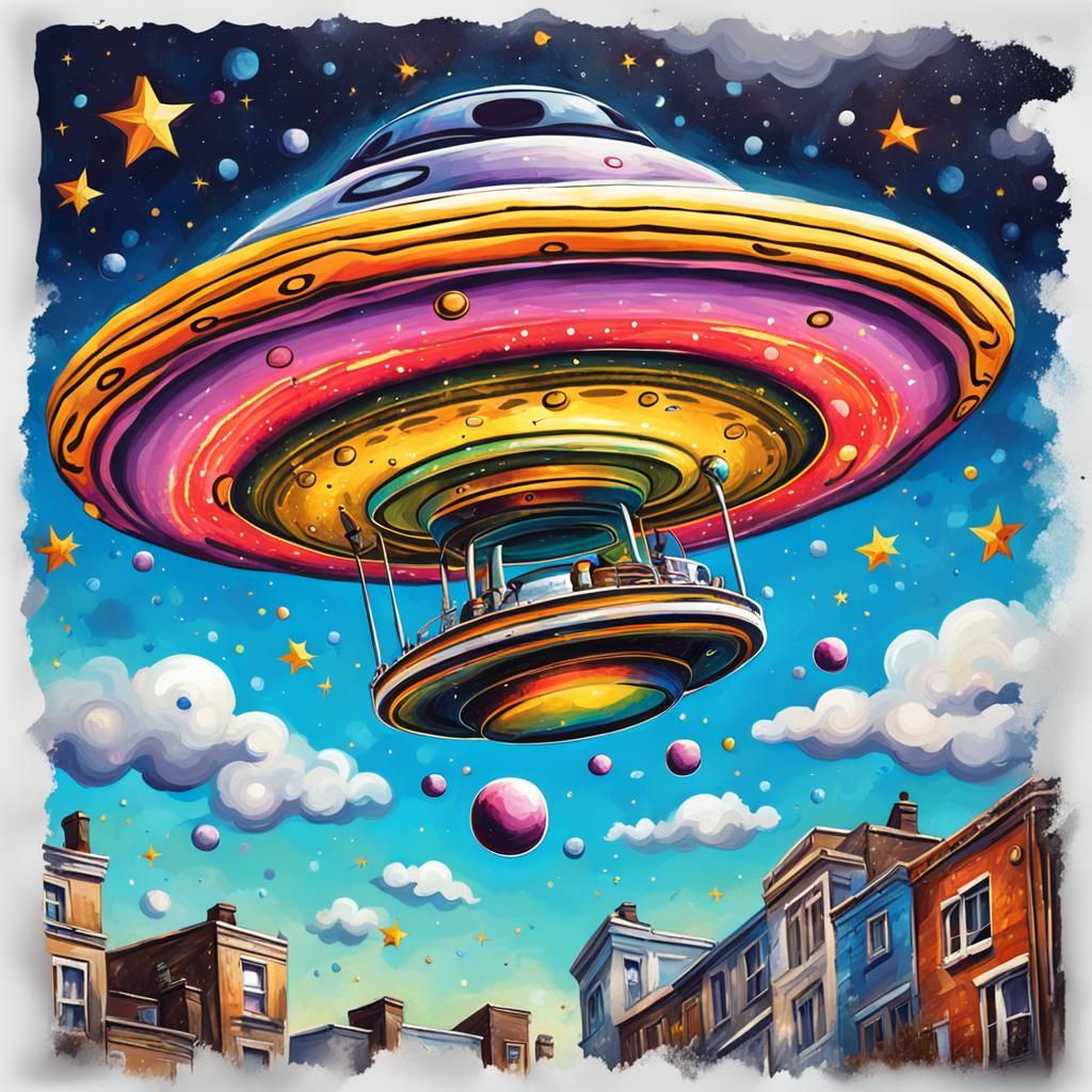 a flying saucer & cup in the sky between the stars, shot fro...