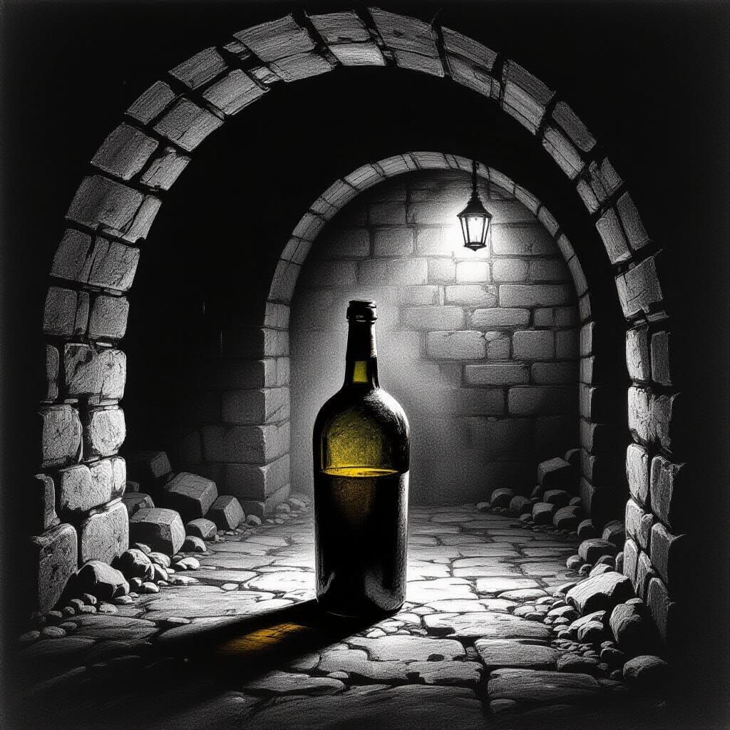Ancient Wine Bottle in Cellar, Charcoal Drawing