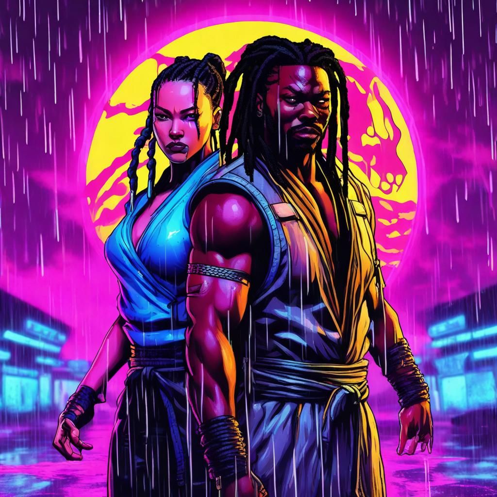 Yasuke as a mortal kombat character standing in the rain wit...