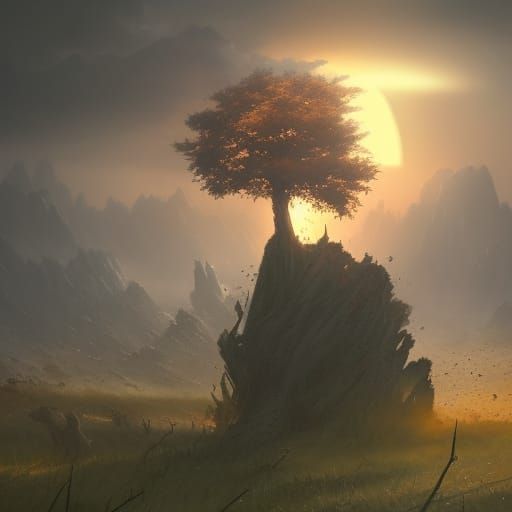 sturdy tree in a battlefield at sunrise