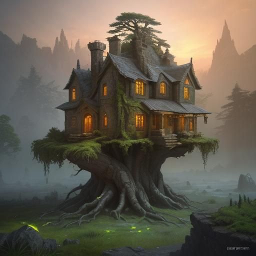 Tree House with Bulldozer in Matte Painting Style