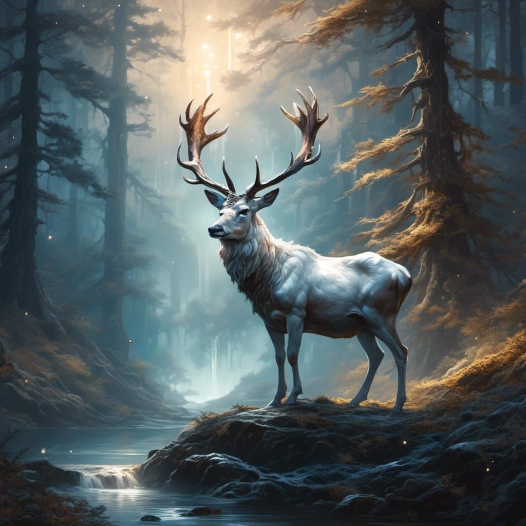 <lora:DreamyUniverse:1.0> A majestic white stag standing proudly on a rock in the forest, magical glow, enchanting aura, by Raymond Swanland...