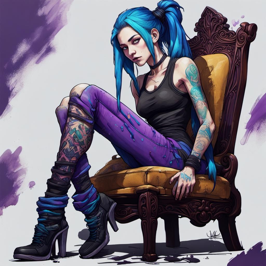 jinx, League of Legends, sitting on a wooden armchair