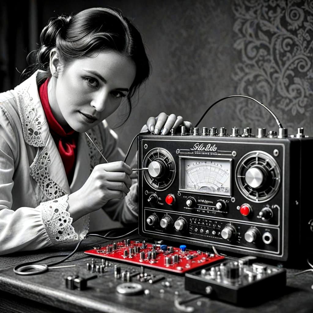 Elegant Victorian Lady Soldering with Precision in Monochrom...