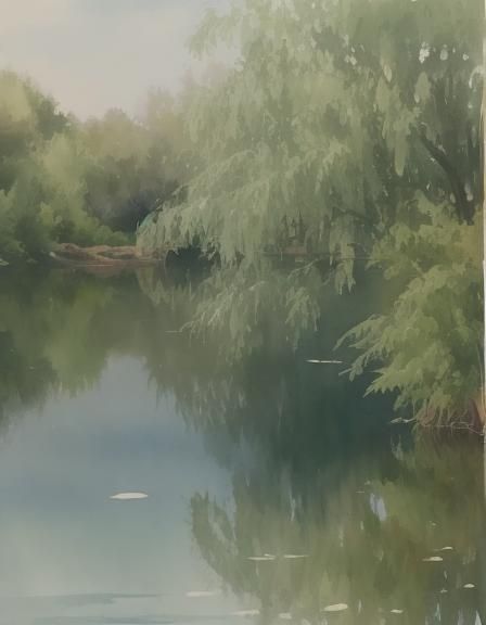 Reflections in Water, spreading green willow tree reflected ...