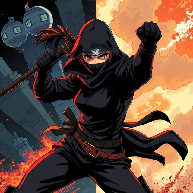 BLACK FEMALE STEALTH NINJA IN A SPLIT BACKGROUND OF NIGHT AN...