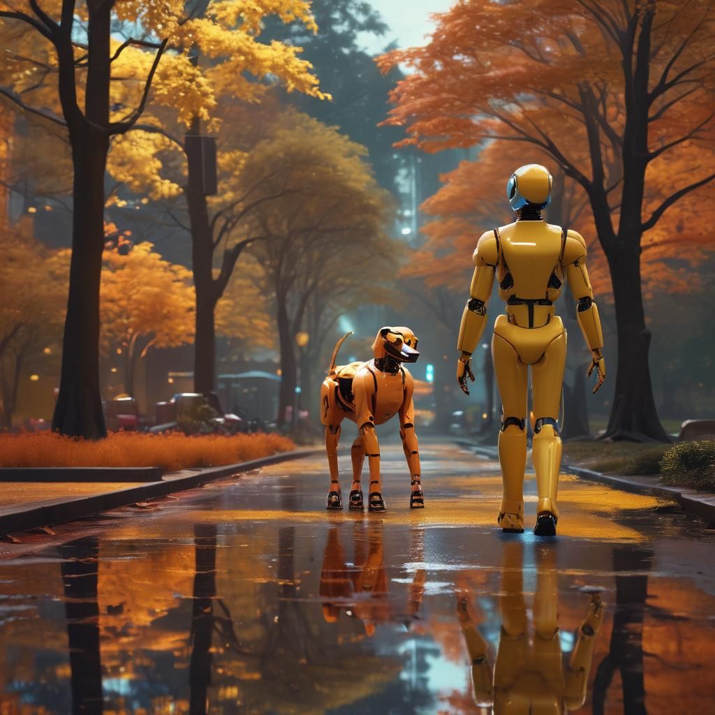high tech eerie humanoid robot, enjoying walking through the...