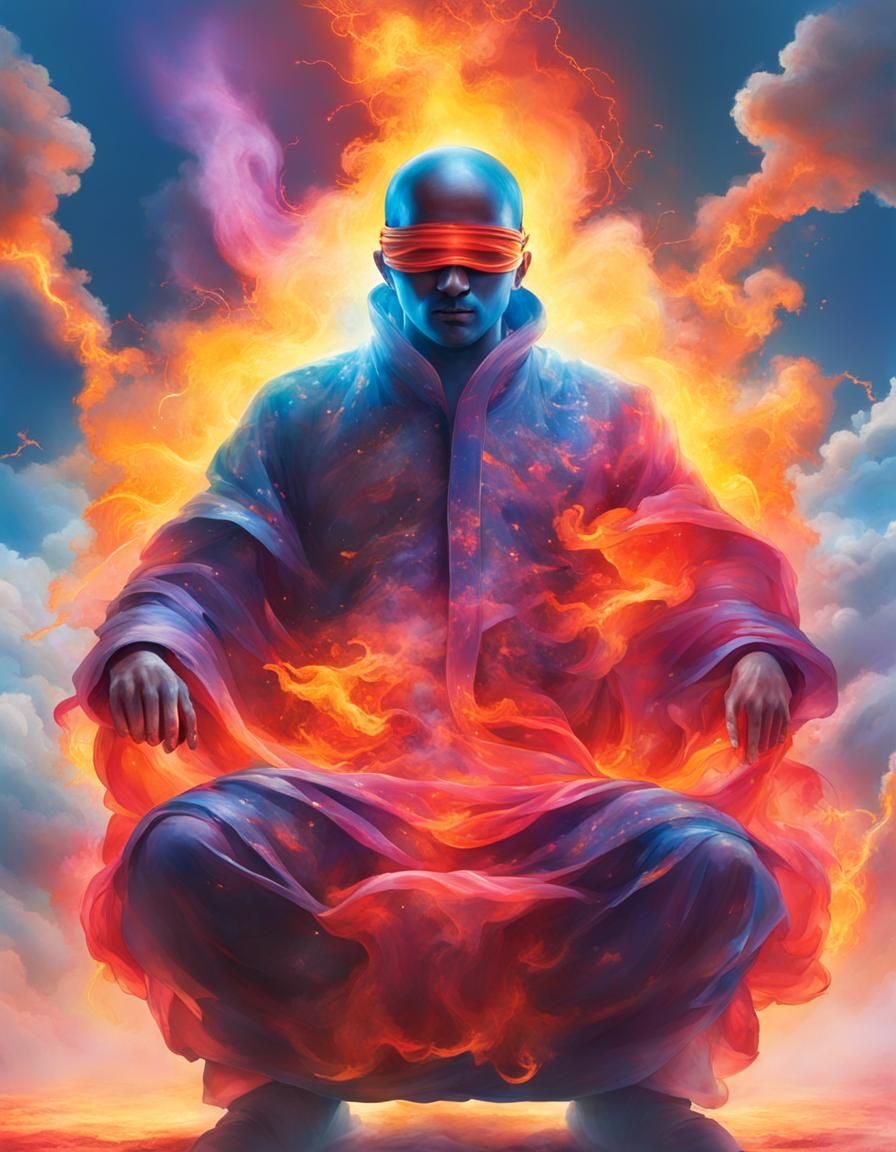 An ancient (blindfolded:3) monk wearing robes made of fog and mist, his form a dynamic, ever-shifting mass of pure energy, clouds of vibrant...