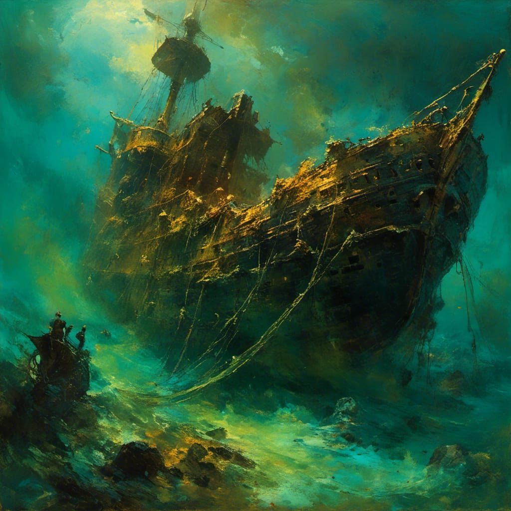 <lora:MJ6 Painterly:1.0> A sunken pirate ship resting on the ocean floor guarded by a kraken expressionism painting, the overall style has...