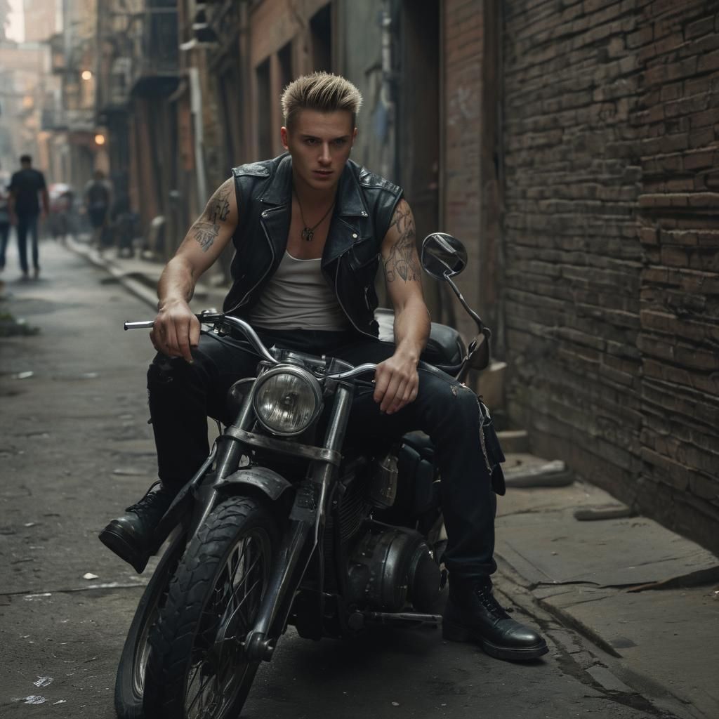 handsome young man with spiked hair sitting on a harley, scr...