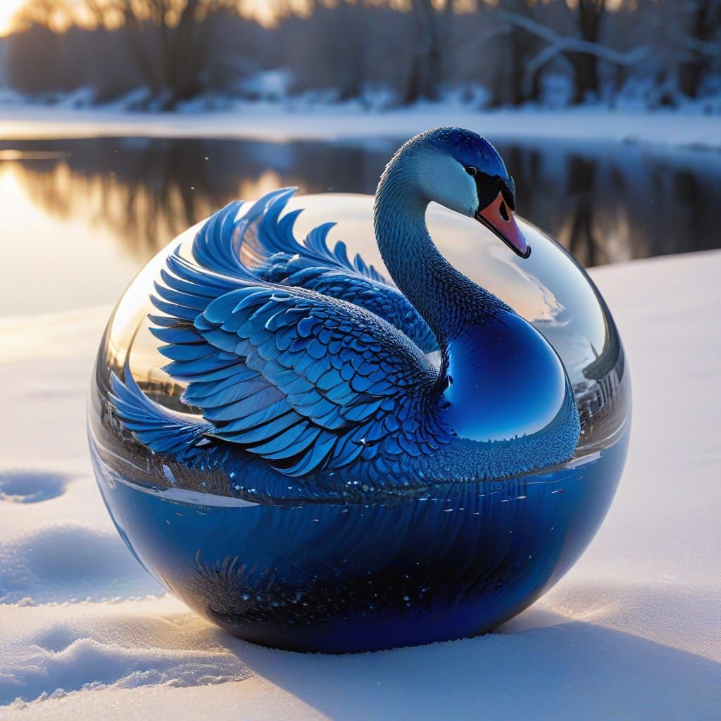 closeup professional photograph reflection of a Graceful blue swan at sunrise, seen in a perfect polished ...  by @Moonlight