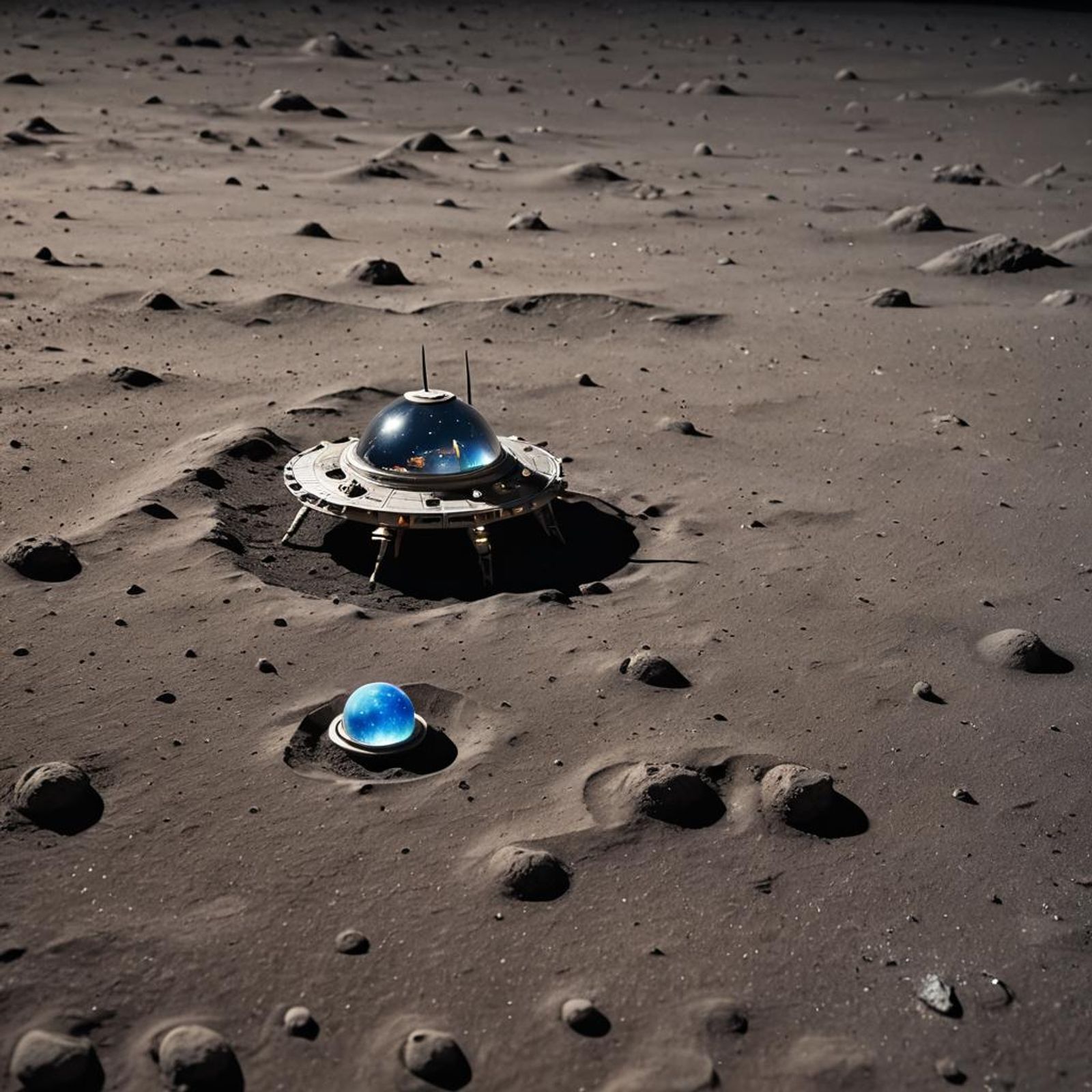 Photograph, Macro, miniature alien spaceship on the moon surface ...